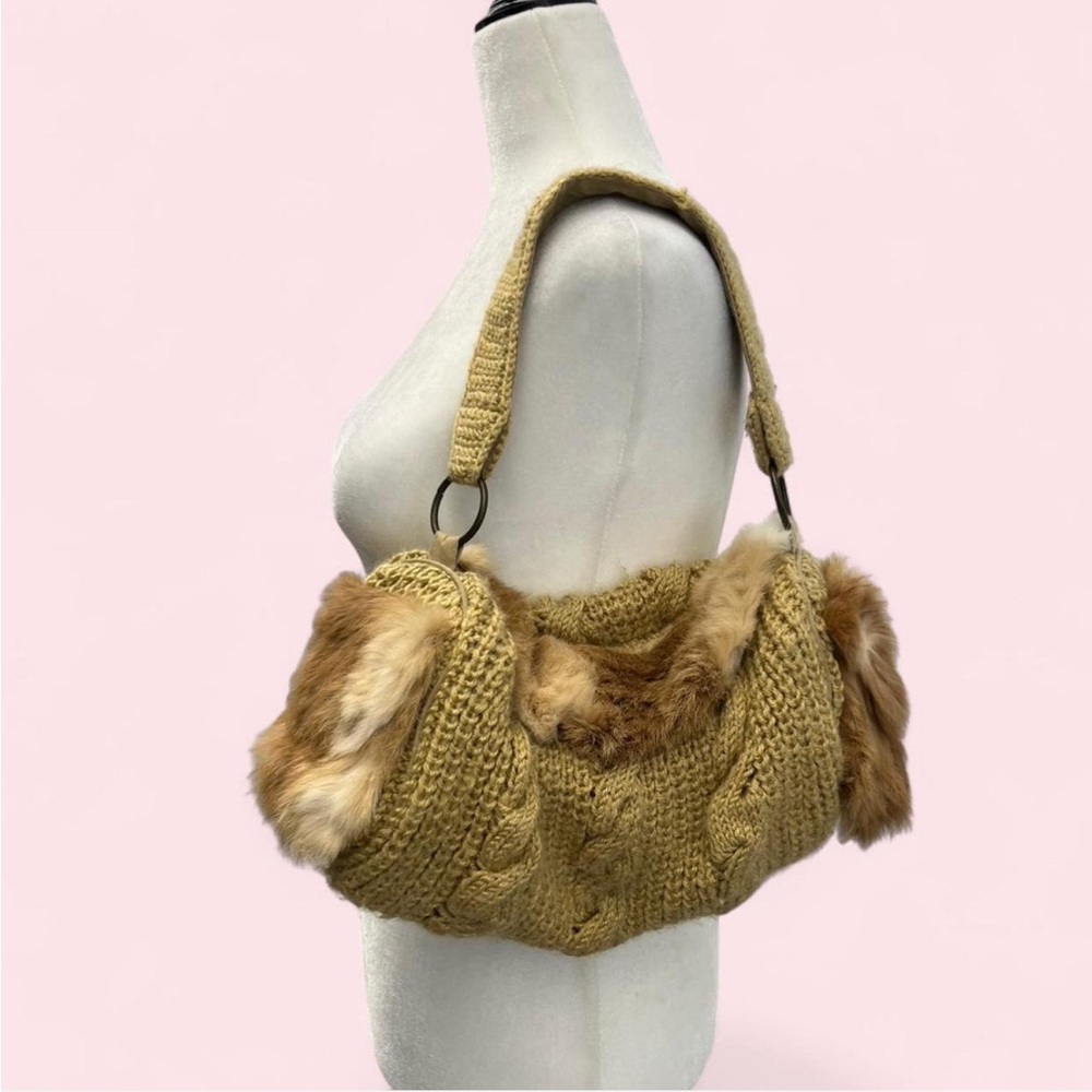 Y2K Cable Knit Fur Hobo Bag in Camel